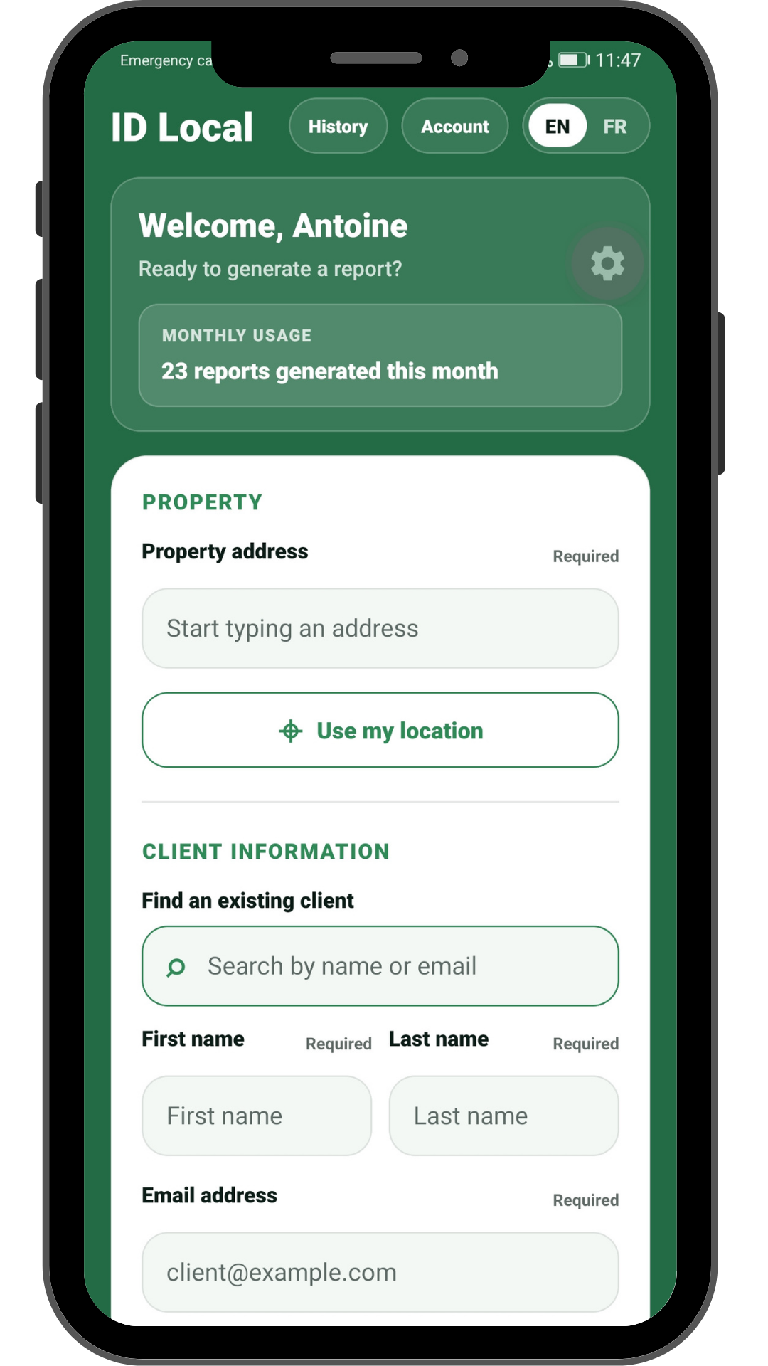 ID Local mobile app showing the report-generation form
